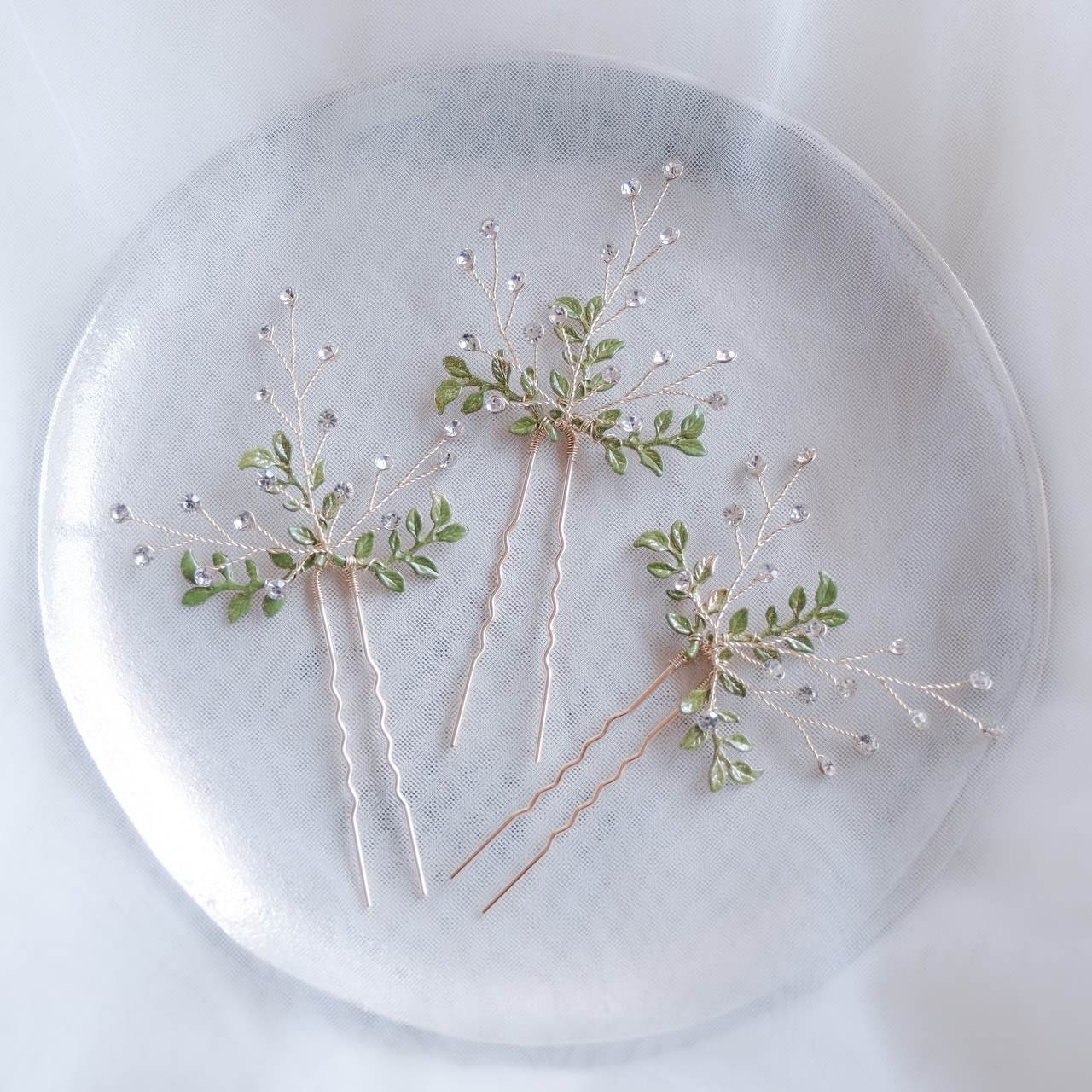 (3点セット) ブライダルヘッドドレス 小枝ピン リーフピン グリーン p28 【結婚式 ヘアアクセサリー】