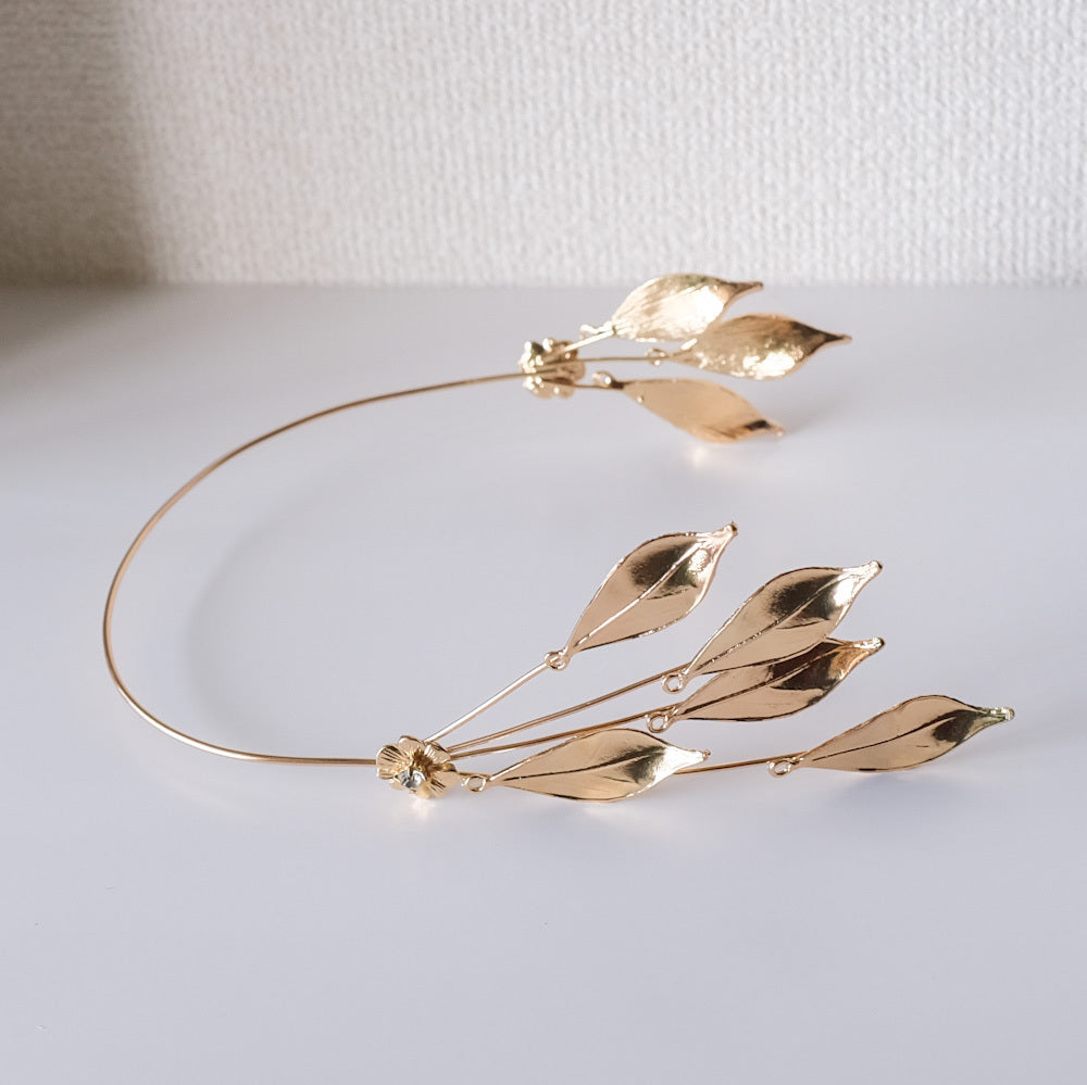 【イヤリング付き】 ブライダルヘッドドレス ホーンクラウン 小枝ヘッドドレス リーフ ゴールド q6 【結婚式 ヘアアクセサリー】