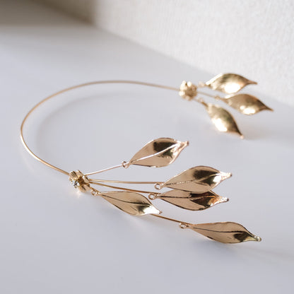 【イヤリング付き】 ブライダルヘッドドレス ホーンクラウン 小枝ヘッドドレス リーフ ゴールド q6 【結婚式 ヘアアクセサリー】