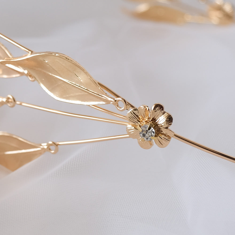 【イヤリング付き】 ブライダルヘッドドレス ホーンクラウン 小枝ヘッドドレス リーフ ゴールド q6 【結婚式 ヘアアクセサリー】