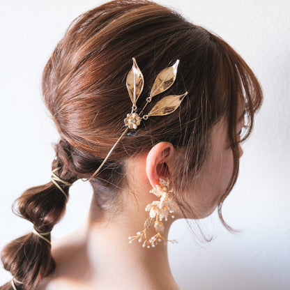 【イヤリング付き】 ブライダルヘッドドレス ホーンクラウン 小枝ヘッドドレス リーフ ゴールド q6 【結婚式 ヘアアクセサリー】