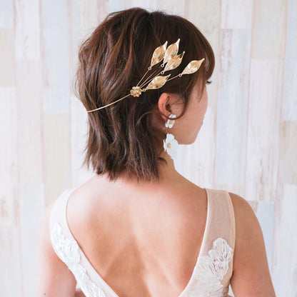 【イヤリング付き】 ブライダルヘッドドレス ホーンクラウン 小枝ヘッドドレス リーフ ゴールド q6 【結婚式 ヘアアクセサリー】