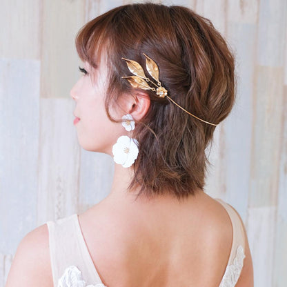 【イヤリング付き】 ブライダルヘッドドレス ホーンクラウン 小枝ヘッドドレス リーフ ゴールド q6 【結婚式　ヘアアクセサリー】