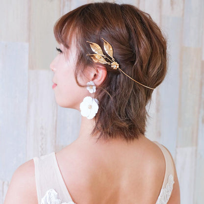 【イヤリング付き】 ブライダルヘッドドレス ホーンクラウン 小枝ヘッドドレス リーフ ゴールド q6 【結婚式 ヘアアクセサリー】