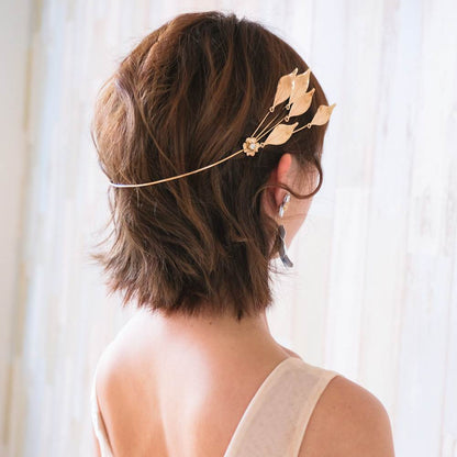 【イヤリング付き】 ブライダルヘッドドレス ホーンクラウン 小枝ヘッドドレス リーフ ゴールド q6 【結婚式 ヘアアクセサリー】