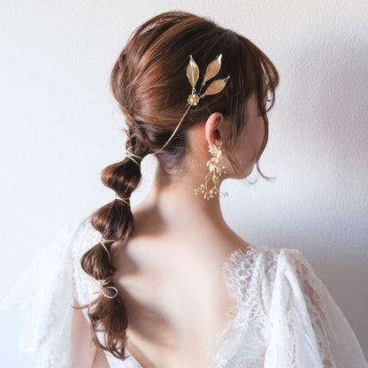 【イヤリング付き】 ブライダルヘッドドレス ホーンクラウン 小枝ヘッドドレス リーフ ゴールド q6 【結婚式 ヘアアクセサリー】
