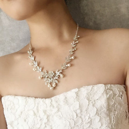 perle silverパールブライダルネックレス&ピアスセット /金属アレルギー対応可能【結婚式 アクセサリーセット】