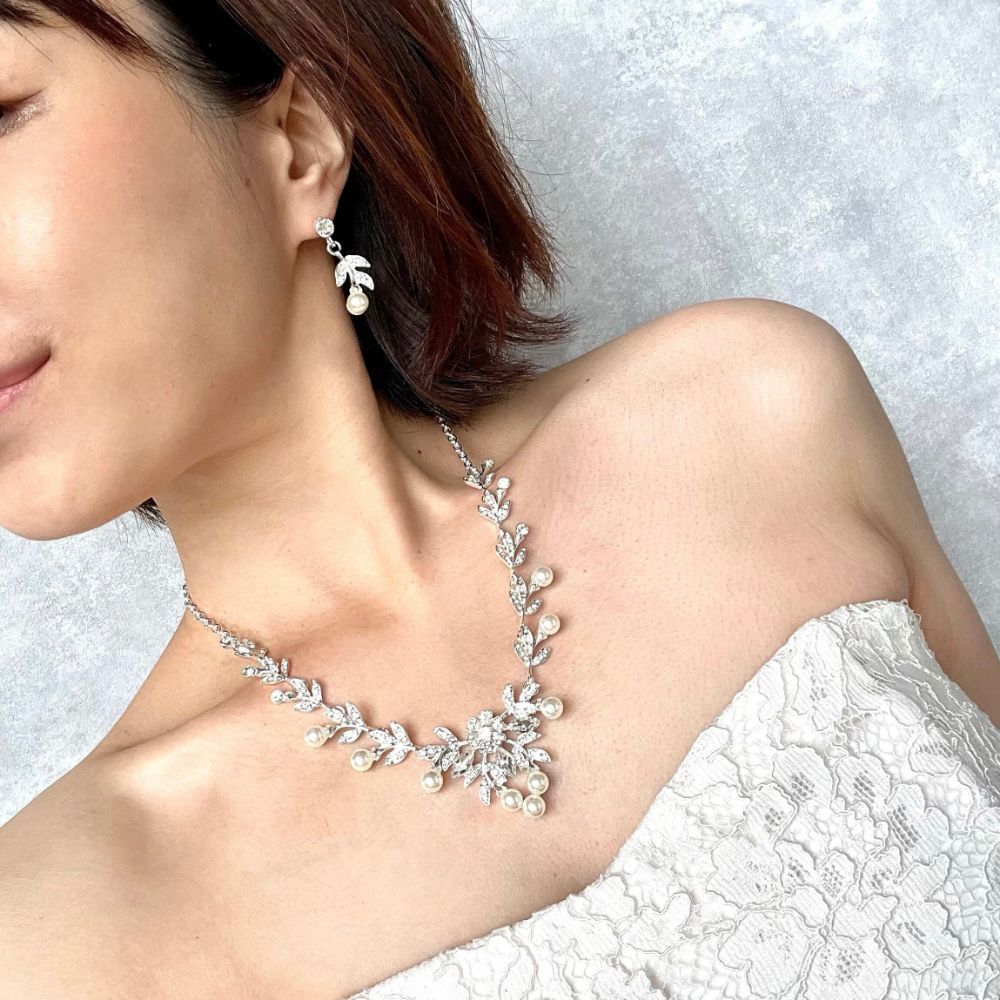 perle silverパールブライダルネックレス&ピアスセット /金属アレルギー対応可能【結婚式 アクセサリーセット】
