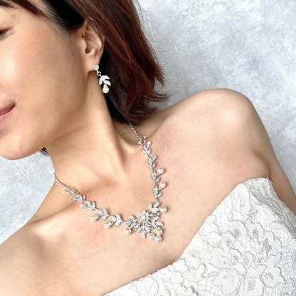 perle silverパールブライダルネックレス&ピアスセット /金属アレルギー対応可能【結婚式 アクセサリーセット】