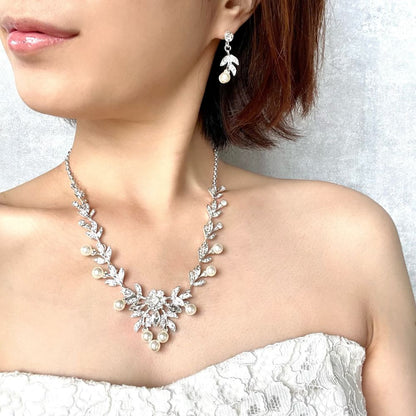 perle silverパールブライダルネックレス&ピアスセット /金属アレルギー対応可能【結婚式 アクセサリーセット】