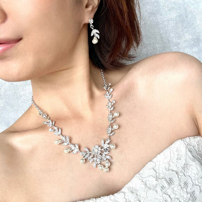 perle silverパールブライダルネックレス&ピアスセット /金属アレルギー対応可能【結婚式 アクセサリーセット】