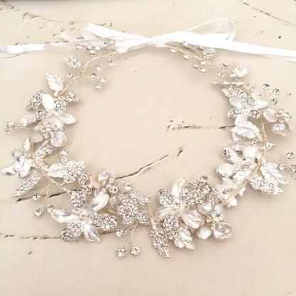 【ヘッドドレス】pearl silver リボンカチューシャ【結婚式 ヘアアクセサリー】