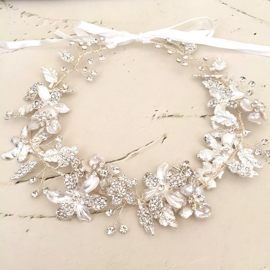 【ヘッドドレス】pearl silver リボンカチューシャ【結婚式 ヘアアクセサリー】