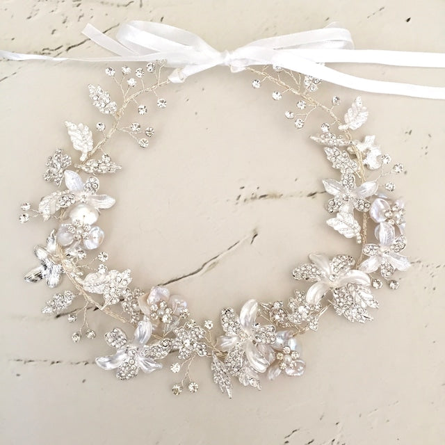 【ヘッドドレス】pearl silver リボンカチューシャ【結婚式 ヘアアクセサリー】