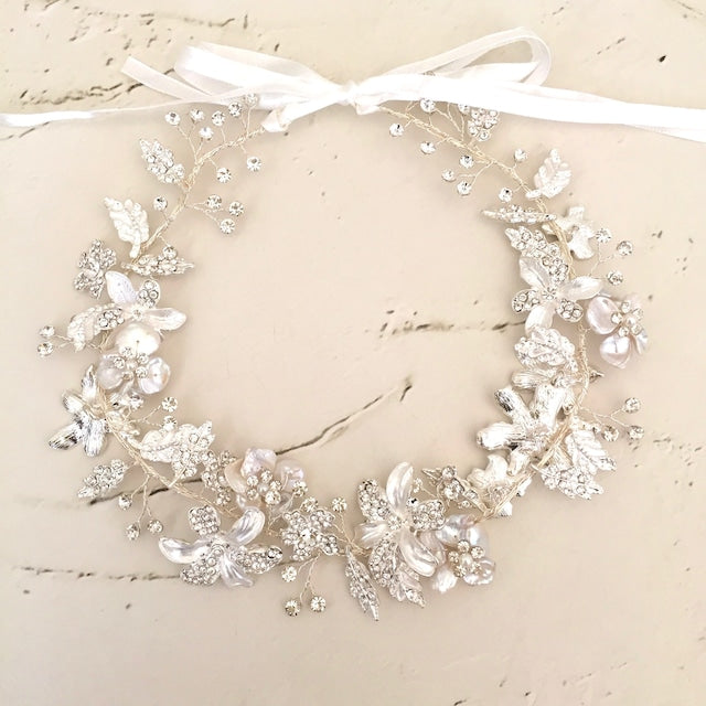 【ヘッドドレス】pearl silver リボンカチューシャ【結婚式 ヘアアクセサリー】