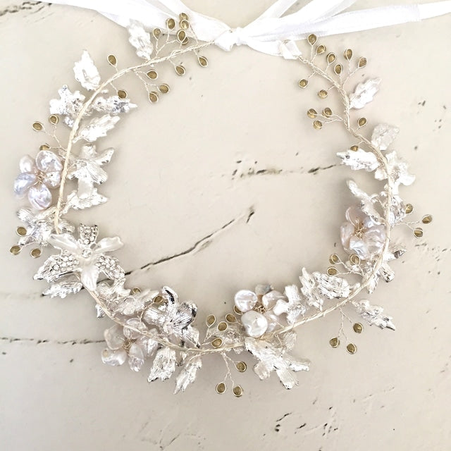 【ヘッドドレス】pearl silver リボンカチューシャ【結婚式 ヘアアクセサリー】