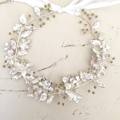 【ヘッドドレス】pearl silver リボンカチューシャ【結婚式 ヘアアクセサリー】