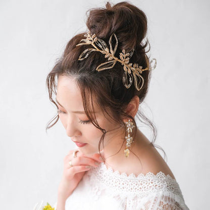 ブライダルヘッドドレス ビジュー リーフ ゴールド q25 【結婚式 ヘアアクセサリー】