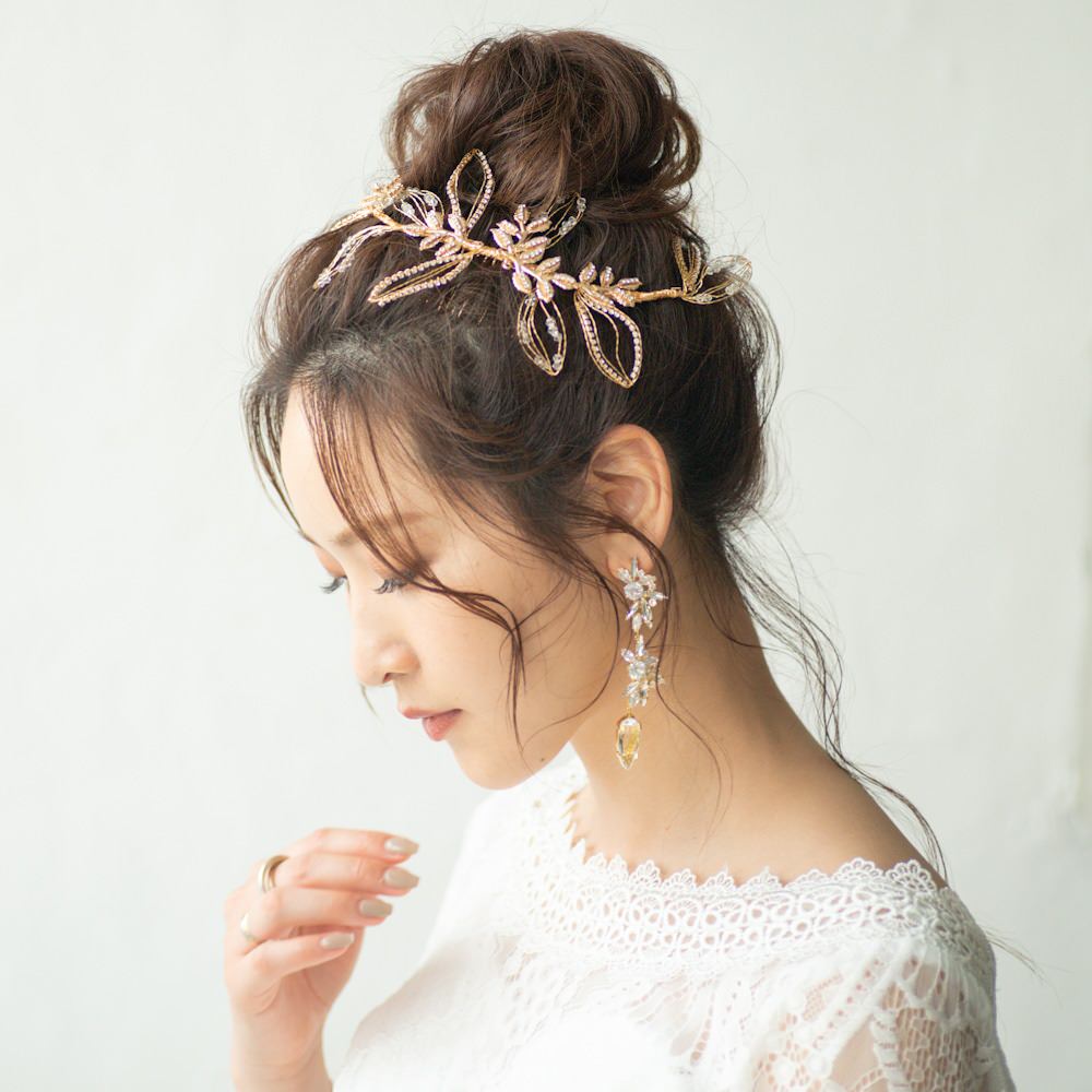 ブライダルヘッドドレス ビジュー リーフ ゴールド q25 【結婚式　ヘアアクセサリー】