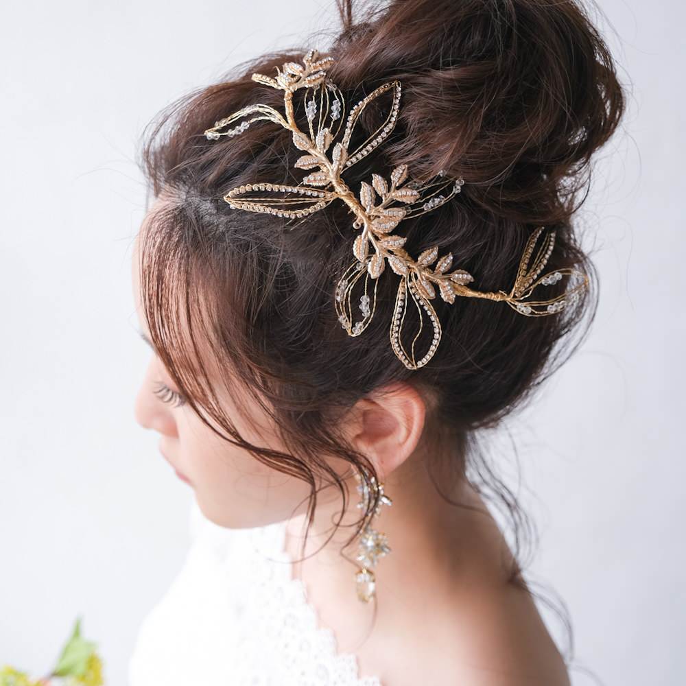 ブライダルヘッドドレス ビジュー リーフ ゴールド q25 【結婚式　ヘアアクセサリー】