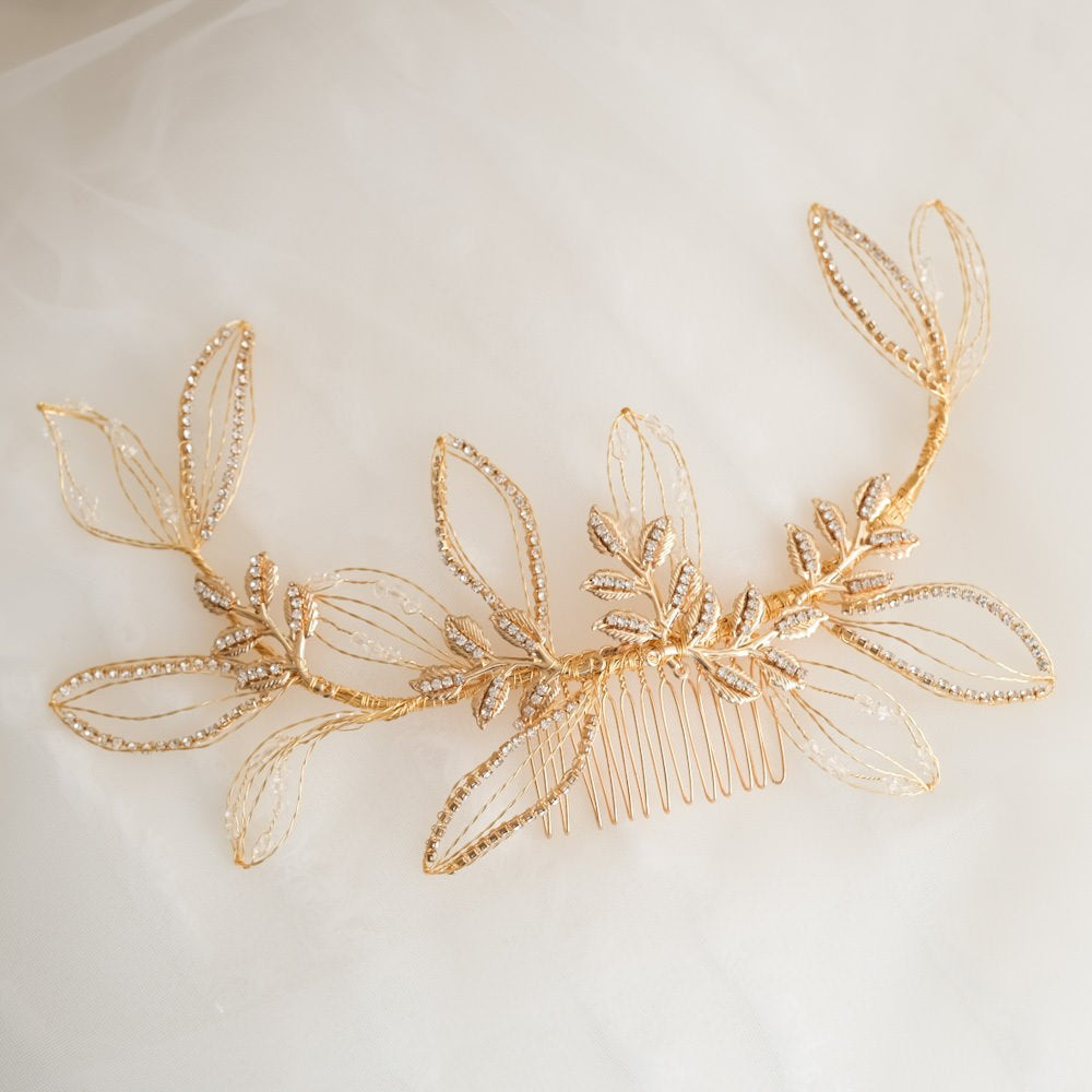 ブライダルヘッドドレス ビジュー リーフ ゴールド q25 【結婚式 ヘアアクセサリー】