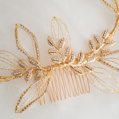 ブライダルヘッドドレス ビジュー リーフ ゴールド q25 【結婚式 ヘアアクセサリー】