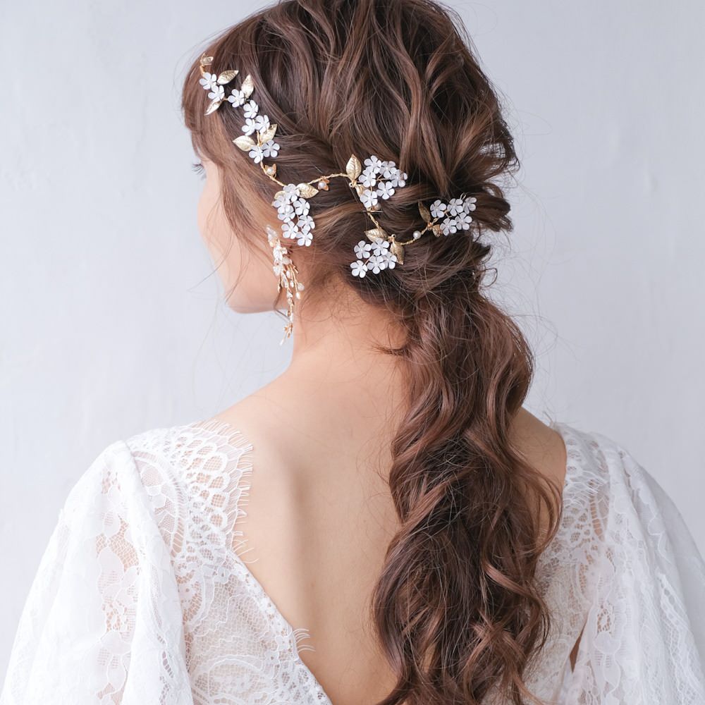 ブライダルヘッドドレス フラワー パール ゴールド 小枝カチューシャ q29 【結婚式　ヘアアクセサリー】