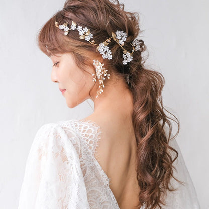 ブライダルヘッドドレス フラワー パール ゴールド 小枝カチューシャ q29 【結婚式 ヘアアクセサリー】