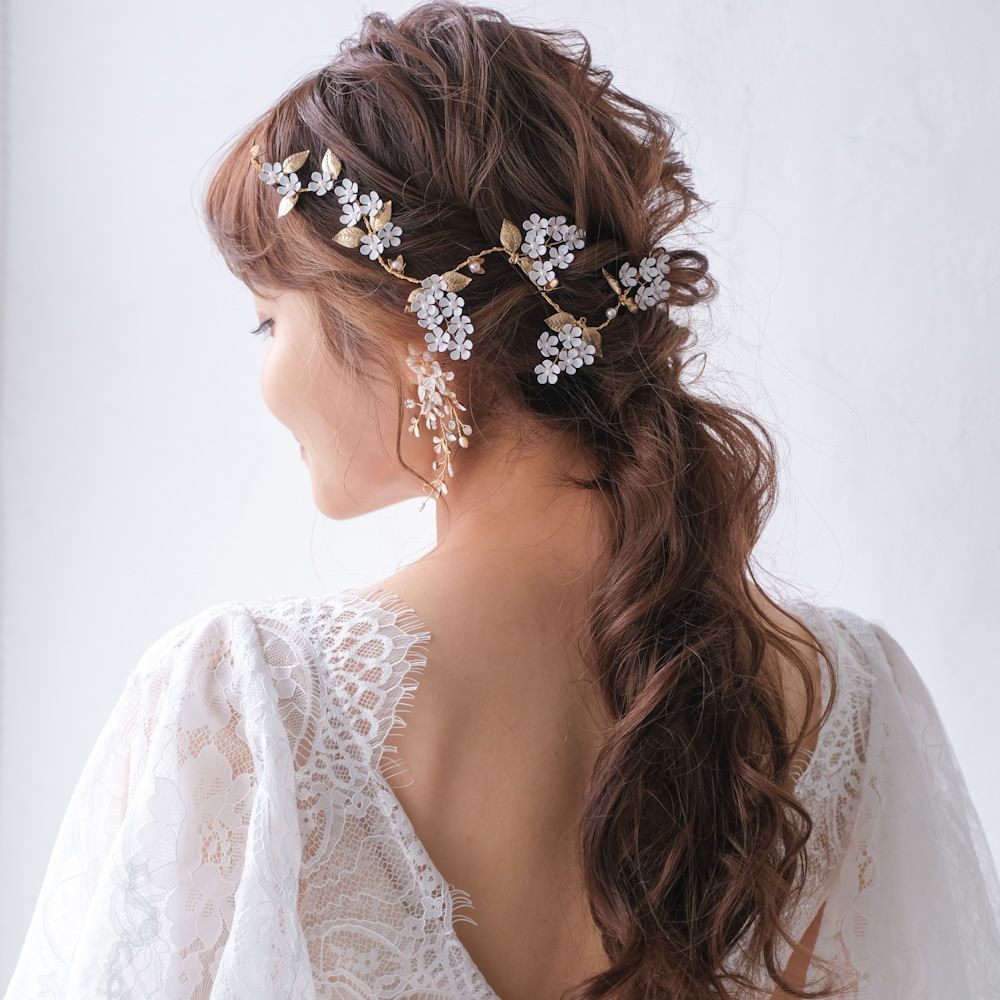 ブライダルヘッドドレス フラワー パール ゴールド 小枝カチューシャ q29 【結婚式　ヘアアクセサリー】