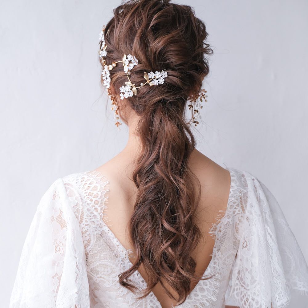 ブライダルヘッドドレス フラワー パール ゴールド 小枝カチューシャ q29 【結婚式 ヘアアクセサリー】