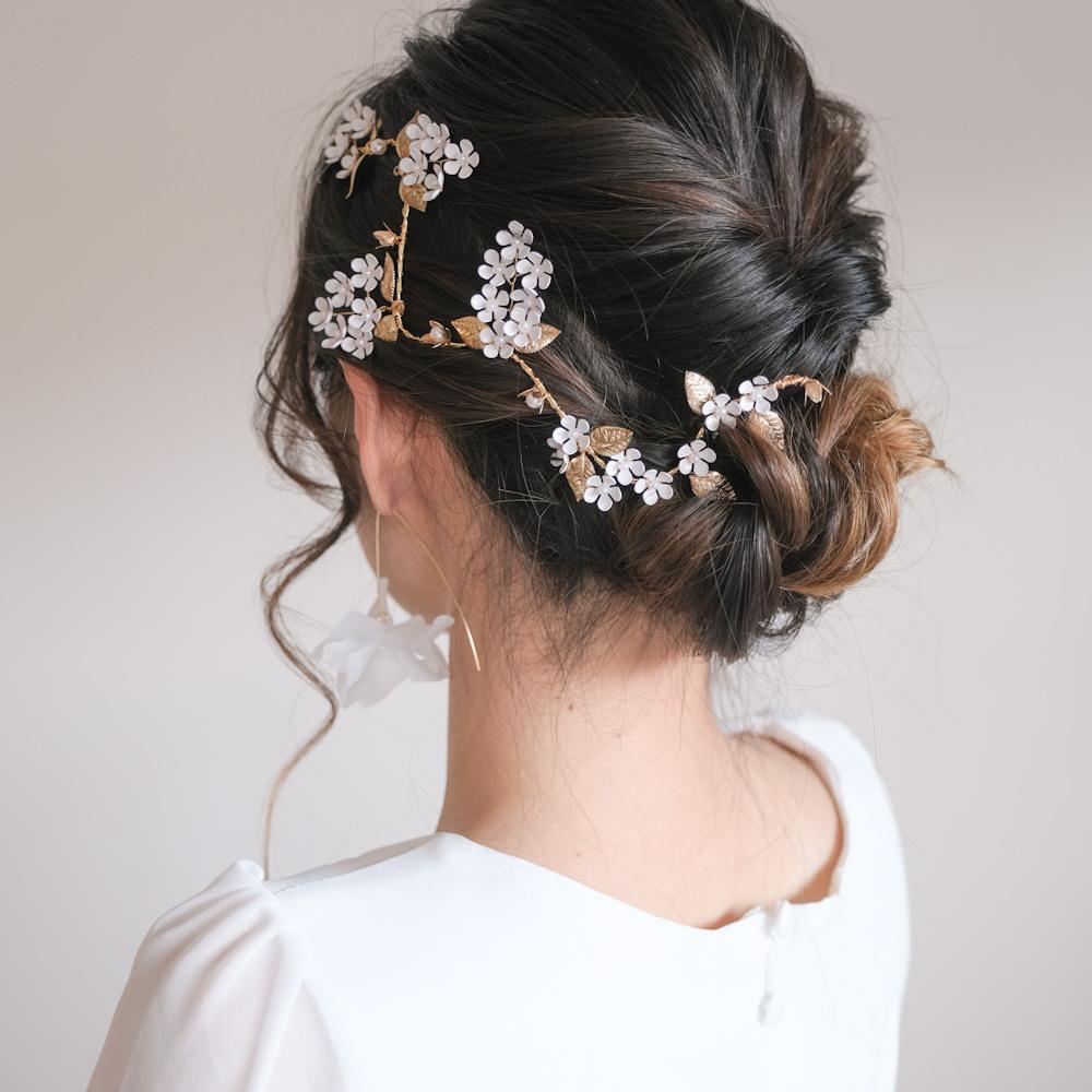 ブライダルヘッドドレス フラワー パール ゴールド 小枝カチューシャ q29 【結婚式 ヘアアクセサリー】