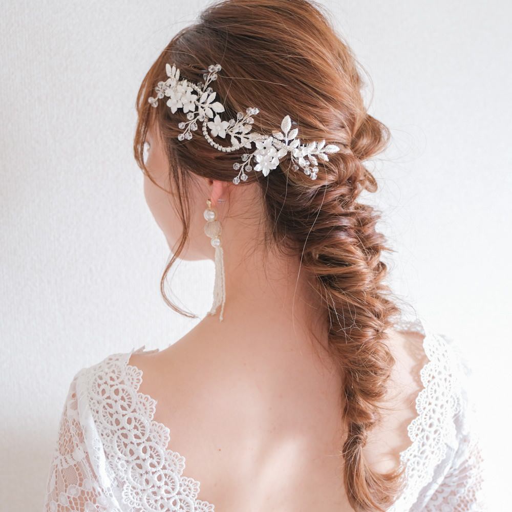 ブライダルヘッドドレス ヘッドコーム ビジュー フラワー リーフ シルバー r5 【結婚式 ヘアアクセサリー】