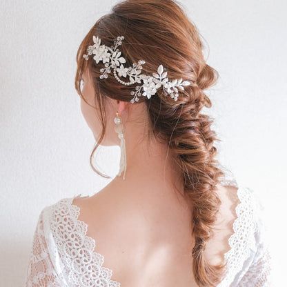 ブライダルヘッドドレス ヘッドコーム ビジュー フラワー リーフ シルバー r5 【結婚式 ヘアアクセサリー】