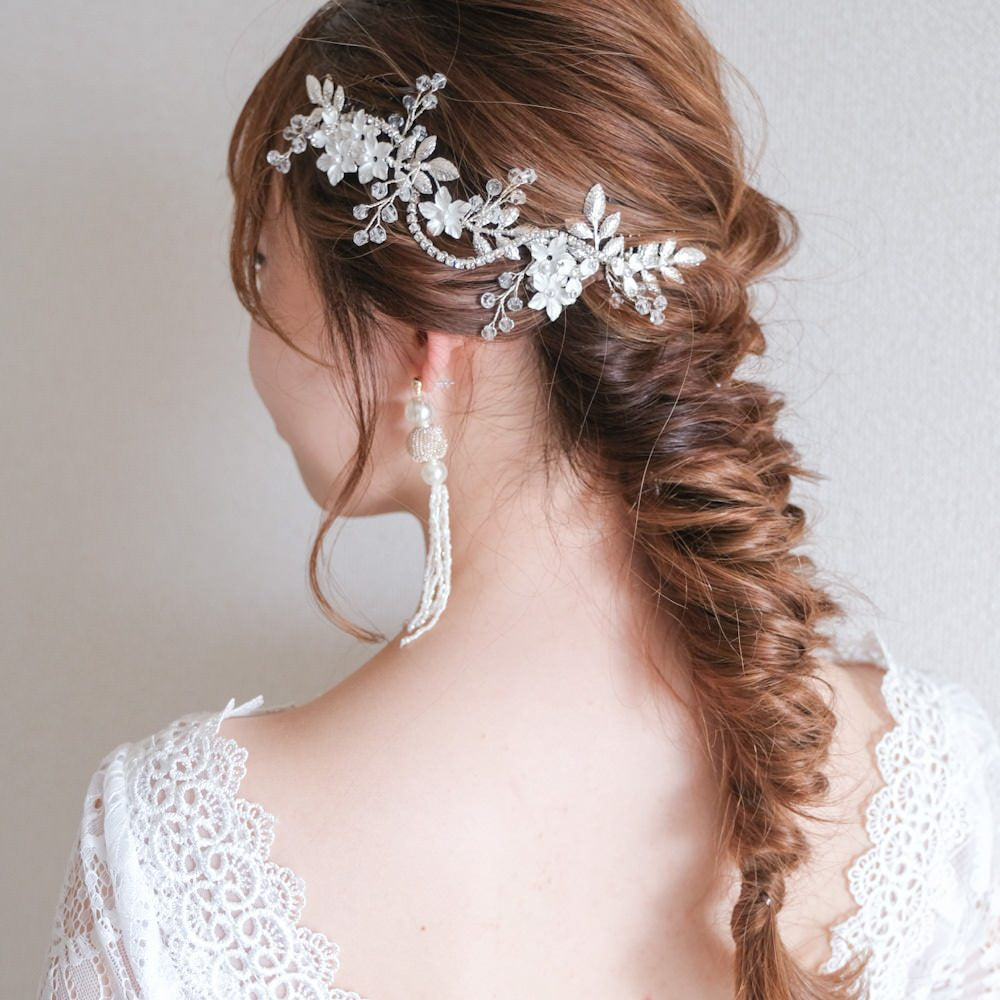 ブライダルヘッドドレス ヘッドコーム ビジュー フラワー リーフ シルバー r5 【結婚式 ヘアアクセサリー】