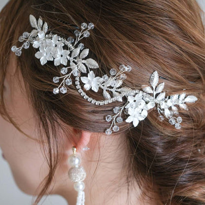ブライダルヘッドドレス ヘッドコーム ビジュー フラワー リーフ シルバー r5 【結婚式 ヘアアクセサリー】