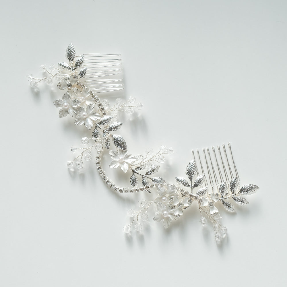 ブライダルヘッドドレス ヘッドコーム ビジュー フラワー リーフ シルバー r5 【結婚式 ヘアアクセサリー】