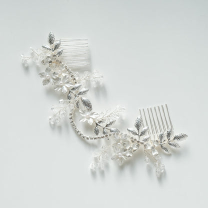 ブライダルヘッドドレス ヘッドコーム ビジュー フラワー リーフ シルバー r5 【結婚式 ヘアアクセサリー】