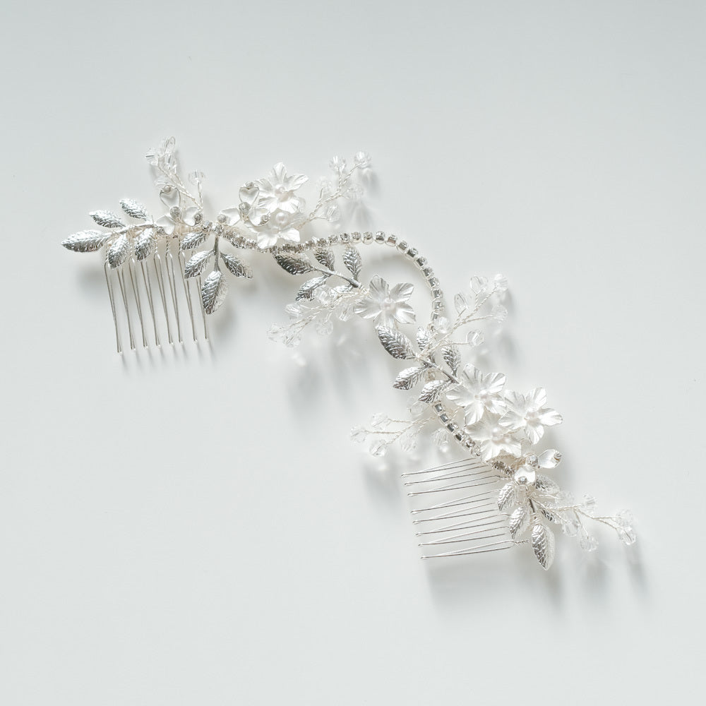 ブライダルヘッドドレス ヘッドコーム ビジュー フラワー リーフ シルバー r5 【結婚式 ヘアアクセサリー】