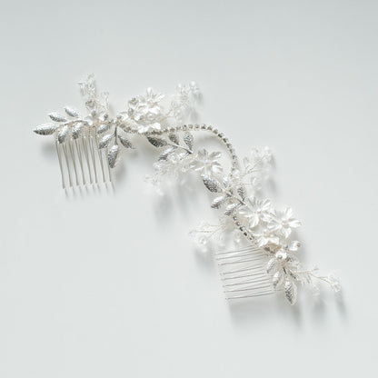 ブライダルヘッドドレス ヘッドコーム ビジュー フラワー リーフ シルバー r5 【結婚式 ヘアアクセサリー】