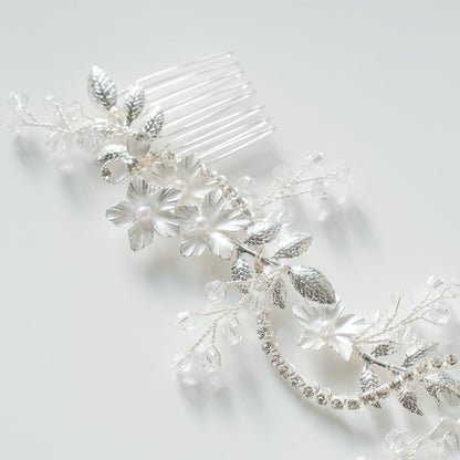 ブライダルヘッドドレス ヘッドコーム ビジュー フラワー リーフ シルバー r5 【結婚式 ヘアアクセサリー】