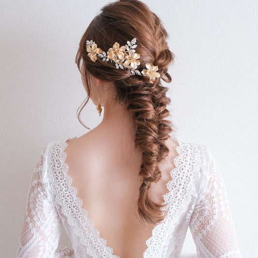 (2点セット) ブライダルヘッドドレス フラワー リーフ ヘッドコーム ピン ゴールド r6 【結婚式 ヘアアクセサリー】