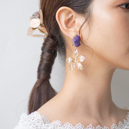 【ピアス】ブライダルピアス アンティークフラワーピアス パープル ゴールド r13 【結婚式 ピアス イヤリング】