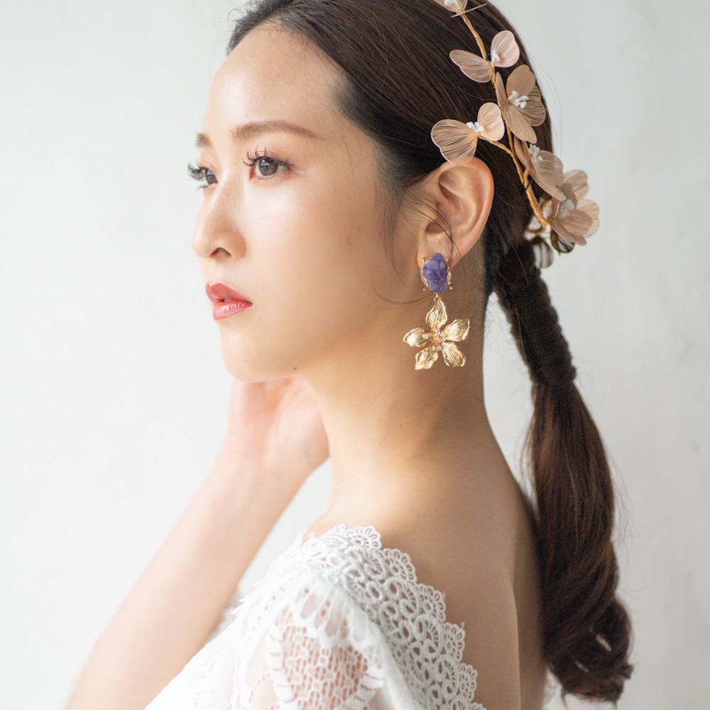 【ピアス】ブライダルピアス アンティークフラワーピアス パープル ゴールド r13 【結婚式 ピアス イヤリング】