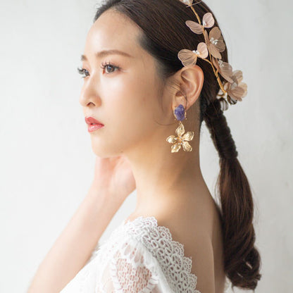 【ピアス】ブライダルピアス アンティークフラワーピアス パープル ゴールド r13 【結婚式 ピアス イヤリング】