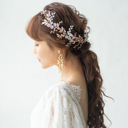 小枝カチューシャ ブライダルヘッドドレス ビジュー リーフ ゴールド r18 【結婚式 ヘアアクセサリー】