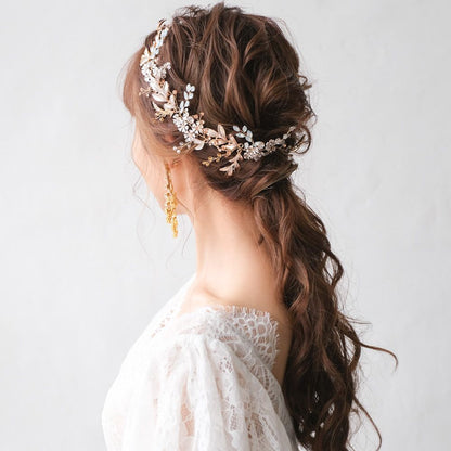 小枝カチューシャ ブライダルヘッドドレス ビジュー リーフ ゴールド r18 【結婚式 ヘアアクセサリー】