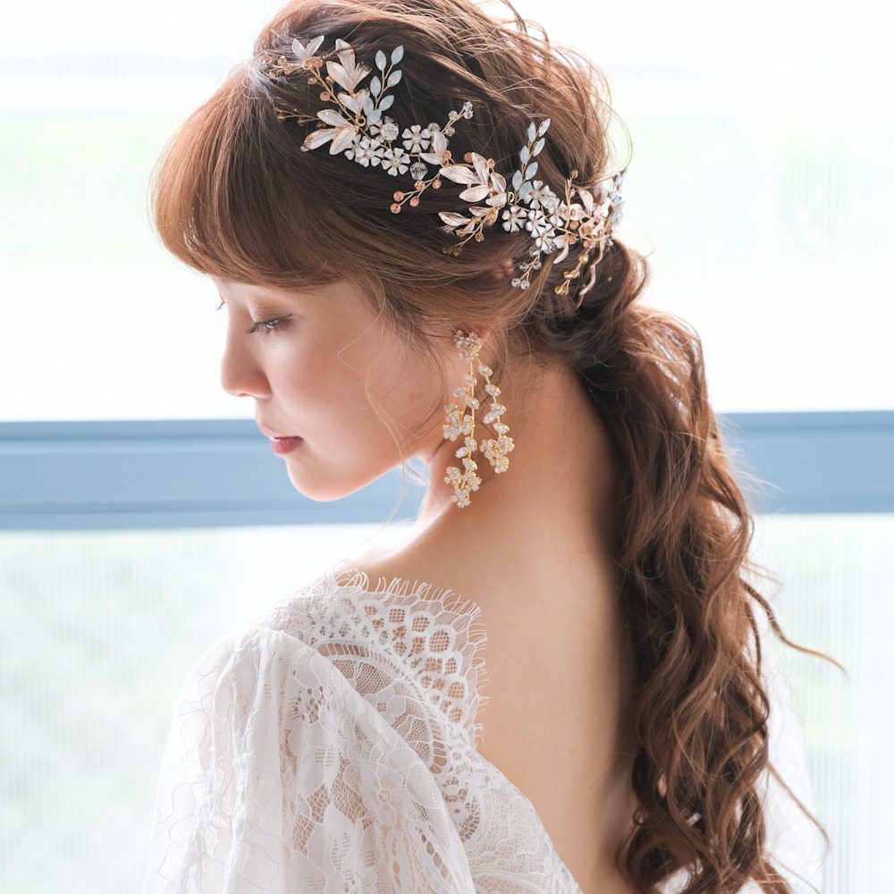 小枝カチューシャ ブライダルヘッドドレス ビジュー リーフ ゴールド r18 【結婚式　ヘアアクセサリー】