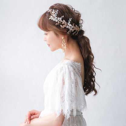 小枝カチューシャ ブライダルヘッドドレス ビジュー リーフ ゴールド r18 【結婚式　ヘアアクセサリー】