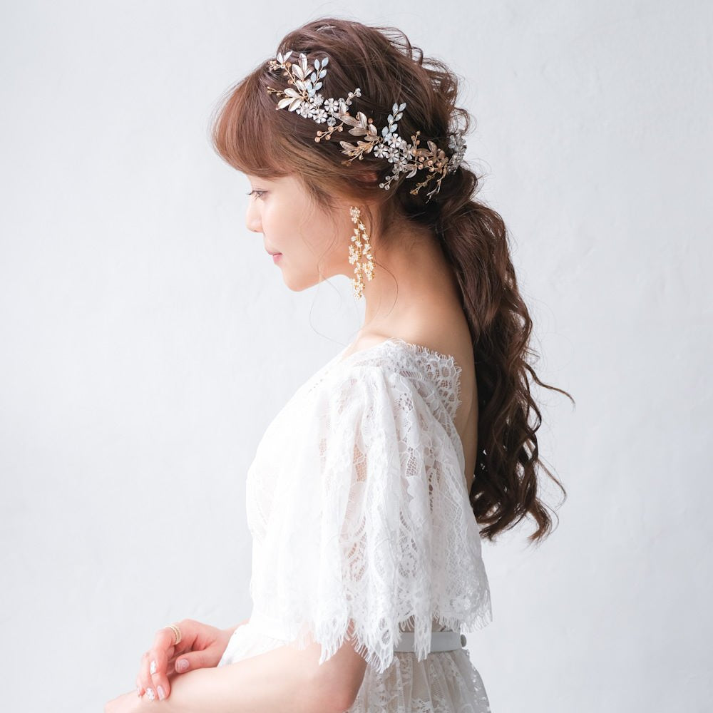 小枝カチューシャ ブライダルヘッドドレス ビジュー リーフ ゴールド r18 【結婚式 ヘアアクセサリー】