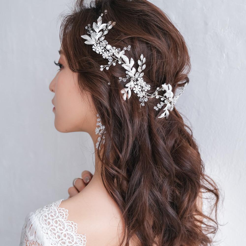 小枝カチューシャ ブライダルヘッドドレス ビジュー リーフ シルバー r19 【結婚式　ヘアアクセサリー】